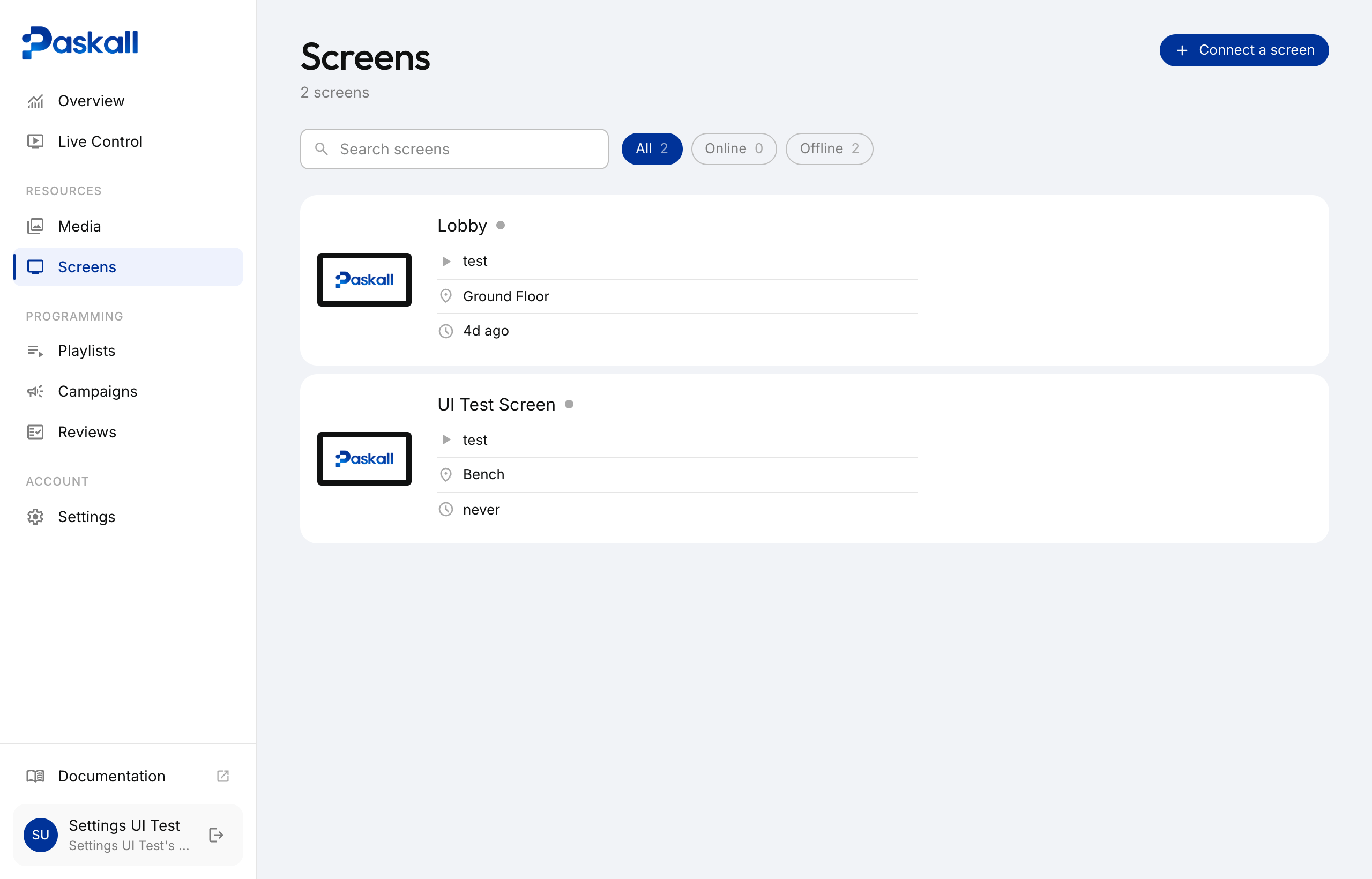 The Screens page with the Connect a screen button at the top right
