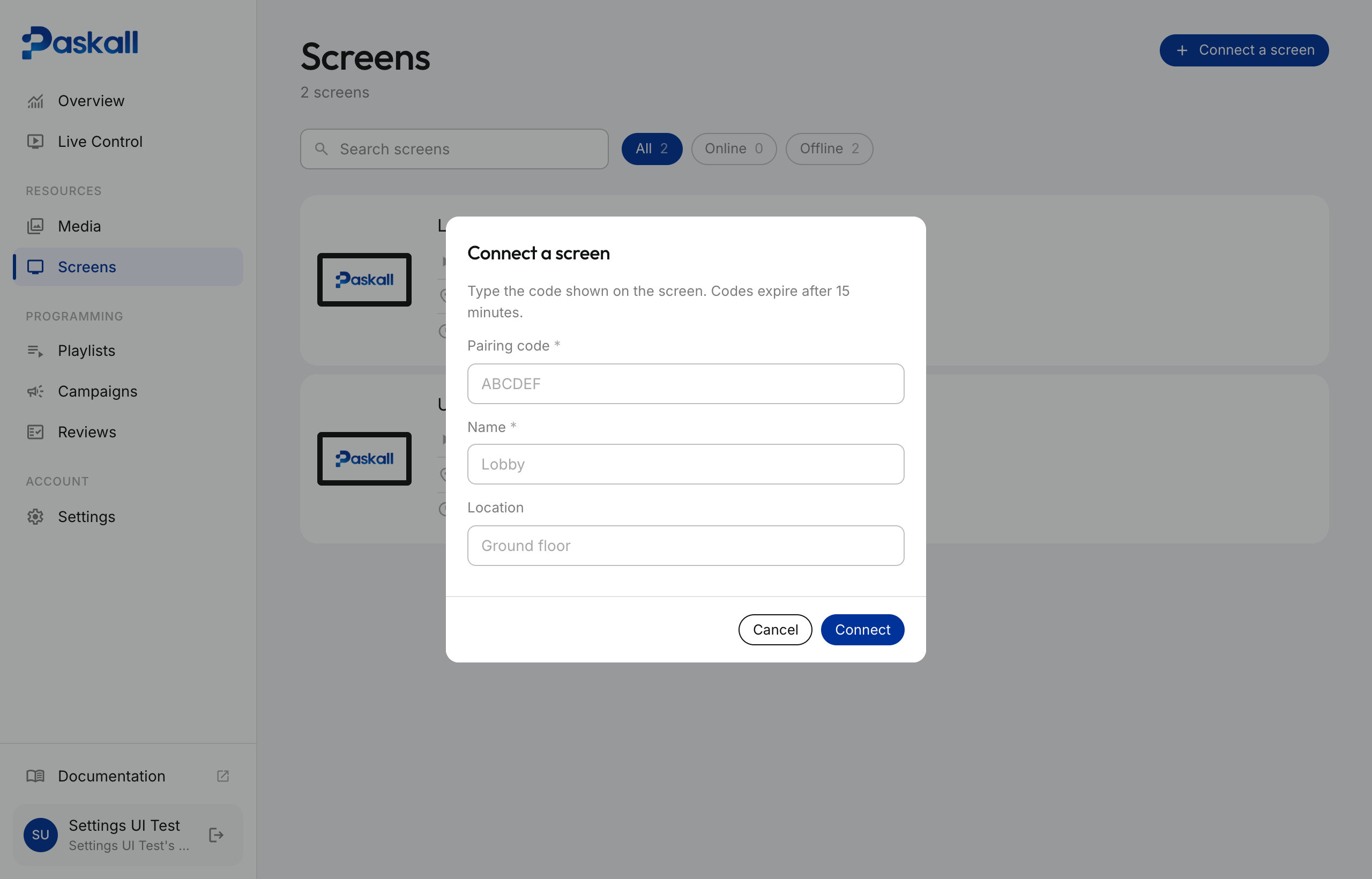 The Connect a screen window with fields for the code, a name and a location
