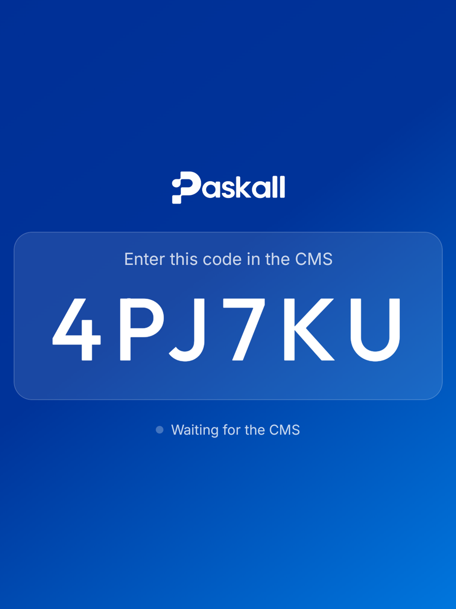 The pairing screen: a six-letter code on a blue background